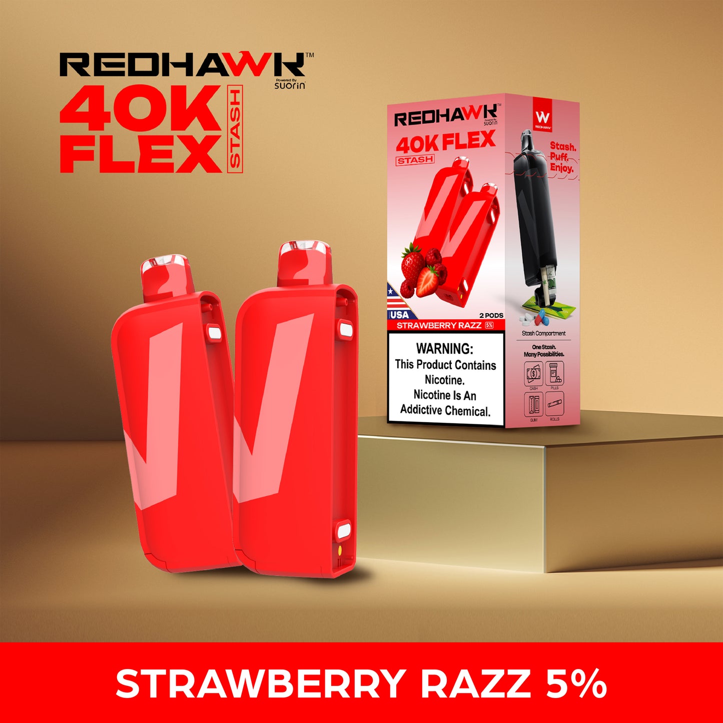 RedHawk 40K FLEX Stash STRAWBERRY RAZZ 2 Pack Replacement Pods
